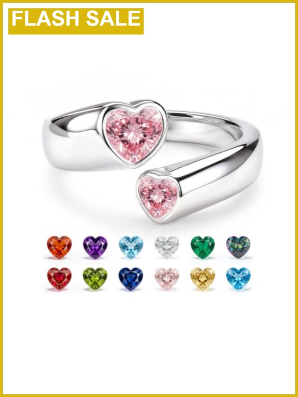 Double Heart Birthstone Ring White Gold Plated Adjustable Statement Ring